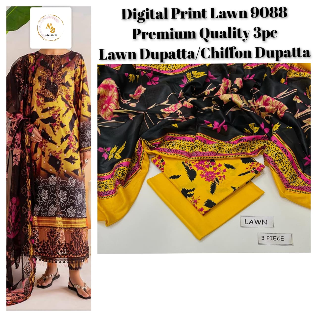 MaxyShine Summer Season 2025 Digital Lawn 3PC Suit – Airjet Lawn with Soft Chiffon Dupatta